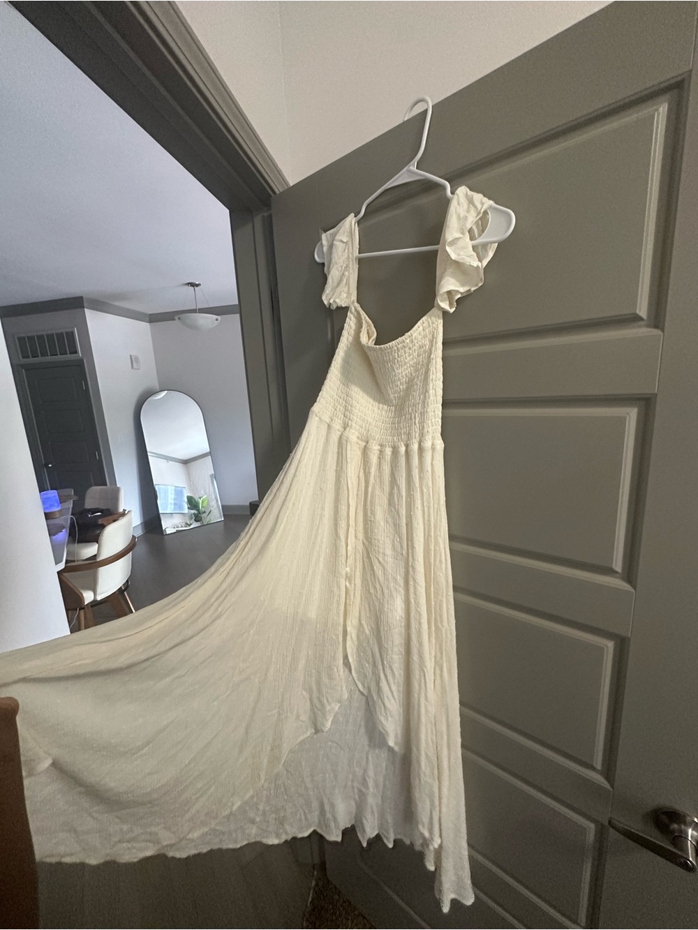 HYFVE Cream Smocked High-Low Maxi Dress with Ruffle Straps in size small